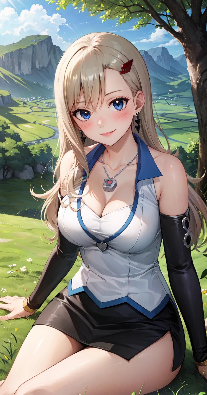 masterpiece, best quality, highres,
RebeccaDef, rebecca bluegarden, 1girl, solo, looking at viewer, sitting, blue eyes, blonde hair, blush, smile, large breasts, hair ornament, long hair, breasts, skirt, cleavage, bare shoulders, jewelry, heart, thighs, earrings, detached sleeves, hairclip, shiny, miniskirt, black skirt, necklace, shiny skin, side slit, pendant, pencil skirt,
<lora:LoRA_Rebecca:1>, blush, field, grass, forest, sunlight, cloudy,