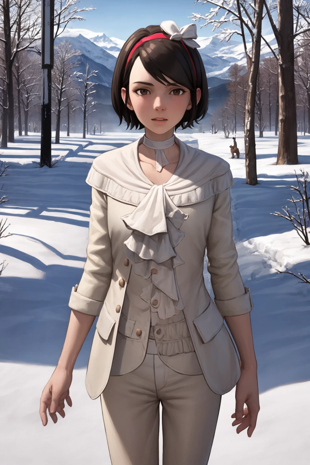 masterpiece, best quality, 1girl, ekaldwin, black hair, short hair, brown eyes, hairband, choker, white pants, upper body, looking at viewer, outdoors, winter, snow, trees, moutains in background