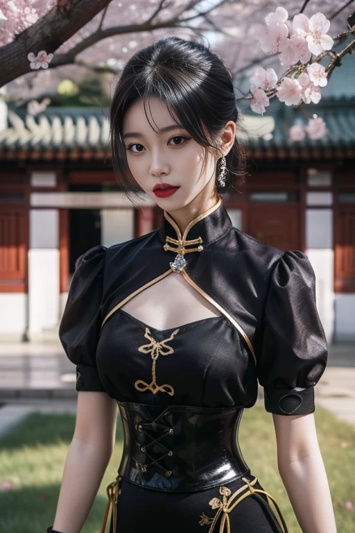 ltra-detailed,highly detailed,best quality,masterpiece,illustration,realistic,
ninghongye,longzhidao, solo, 1girl, 
chinese clothes, china dress,ribbon,puffy short sleeves,  corset, tassel, clothing cutout, fingerless gloves, pantyhose, 
looking at viewer,upper body, walking, 
short hair, 
outdoors, nature,grass,cherry blossoms, falling petals, east asian architecture, courtyard, 
<lora:ninghongye longzhidao_v1_07:0.7>