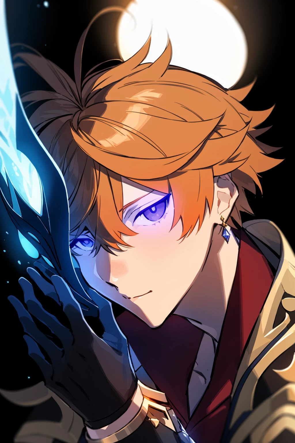 masterpiece, best quality,<lora:fstyle02-128-c:1>,fstyle02, 1boy, male focus, solo, jewelry, mask, tartaglia (genshin impact), gloves, earrings, black gloves, bangs, hair between eyes, orange hair, simple background, purple eyes, holding, single earring, black background, looking at viewer, closed mouth, holding mask, jacket, glowing, portrait, blue eyes, glowing eyes, scarf, red scarf, upper body, mask on head