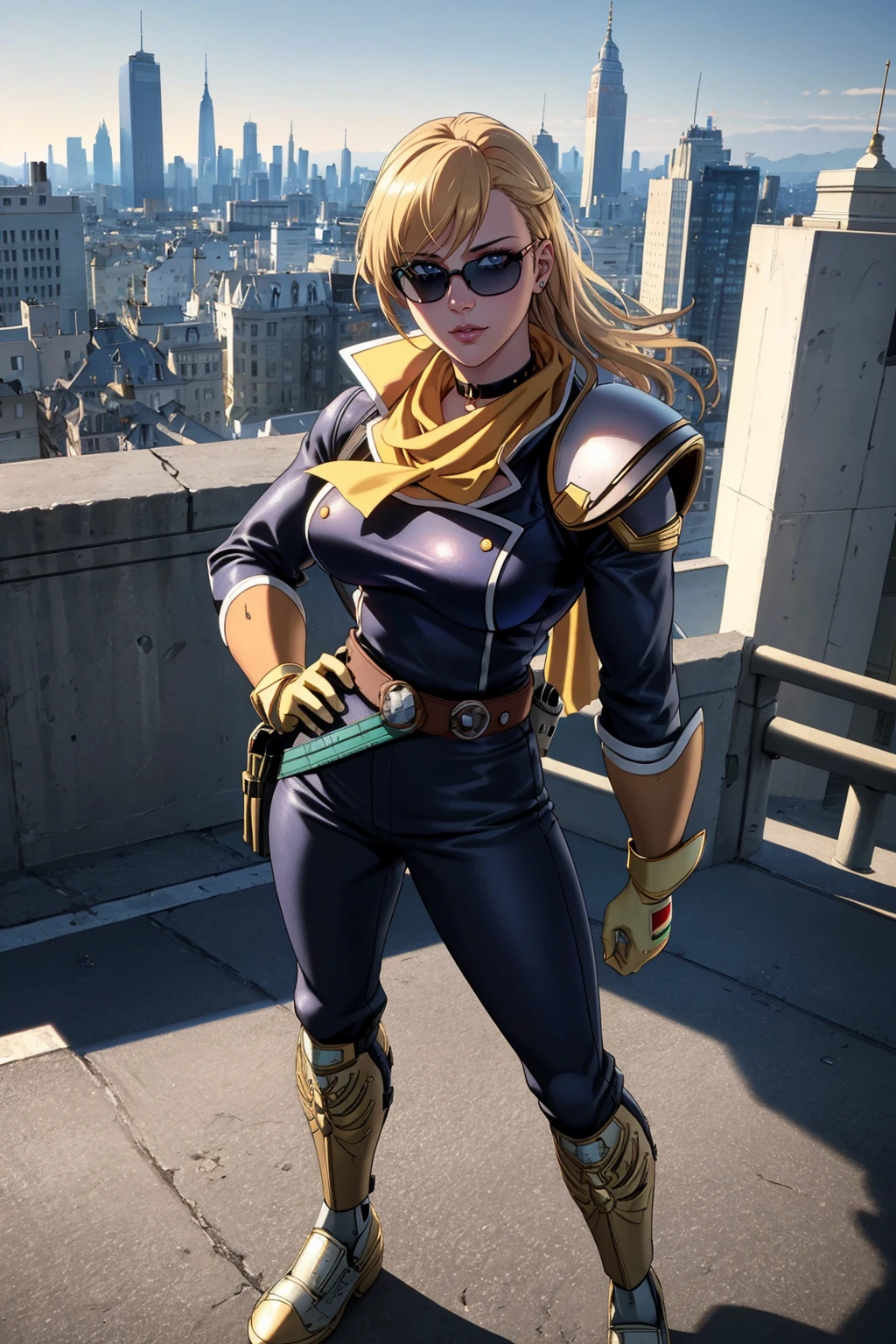 ((Masterpiece, best quality,edgQuality)),
edgcfalcon, city background, full body, hand on hip, 
blonde Nadia with Sunglasses and a choker
 ,wearing edgcfalcon,helmet,shoulder armor,scarf
 <lora:edgCaptainFalcon:0.8>
 <lora:Ultimate_Nadia:0.5>