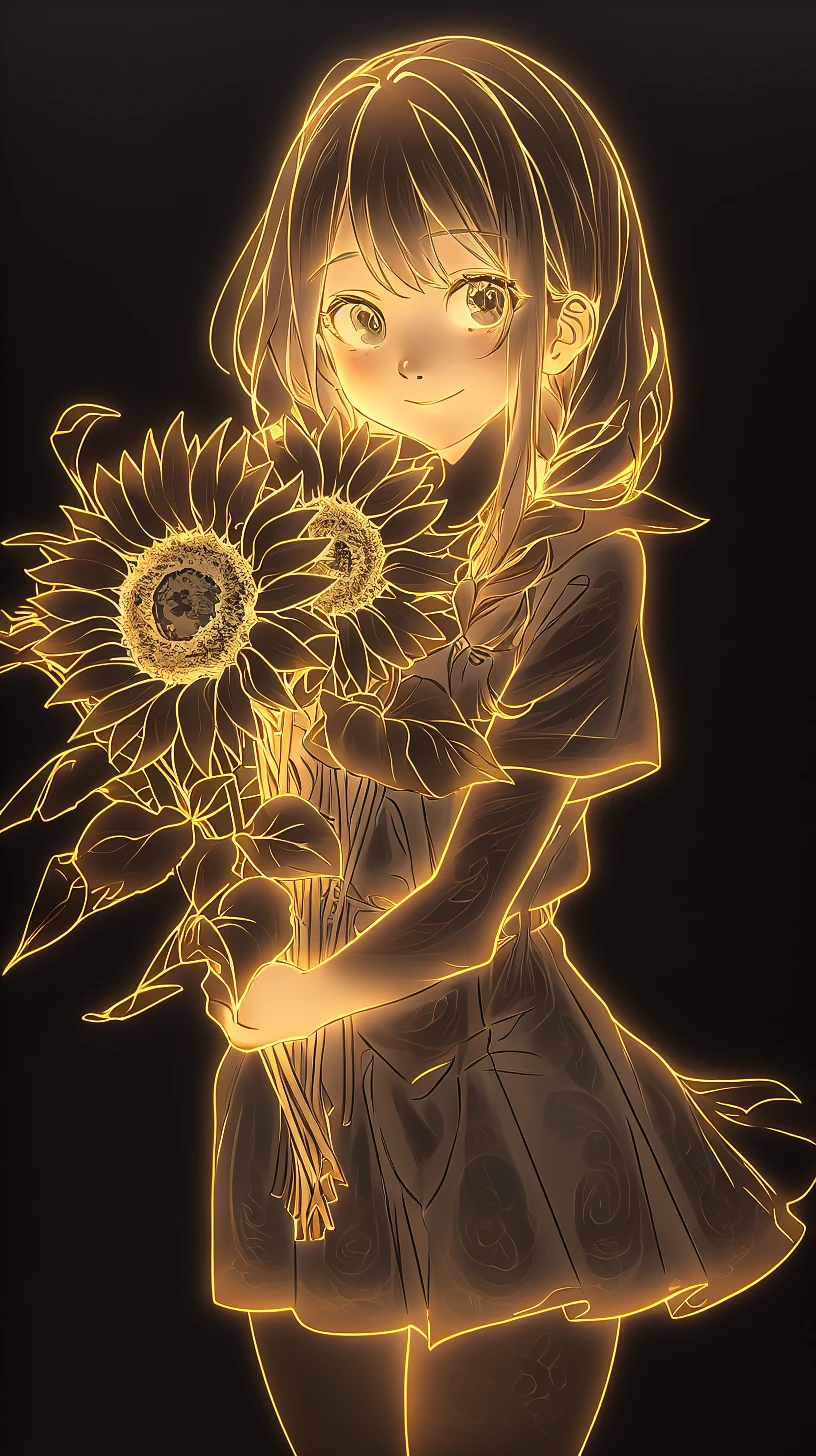masterpiece,top quality,
1girl,sunflower,solo,flower,smile,holding,looking at viewer,short sleeves,bangs,holding flower,blush,braid,closed mouth,long hair,lineart,skirt,cowboy shot,school uniform,sailor collar,pleated skirt,hair over shoulder,serafuku,pleated dress,shirt,standing,bouquet,ribbon,single braid,holding bouquet,
<lora:çº¿æ¡ Line art :1>,jxiantiao,<lora:lcm-lora-sdv1-5:1>,