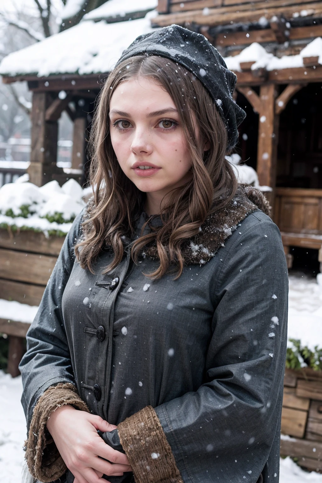 hannahmurray,a woman wearing medieval fur coat in the snow, old town, (overcast lighting:0.5) <lora:hannahmurray:0.8>