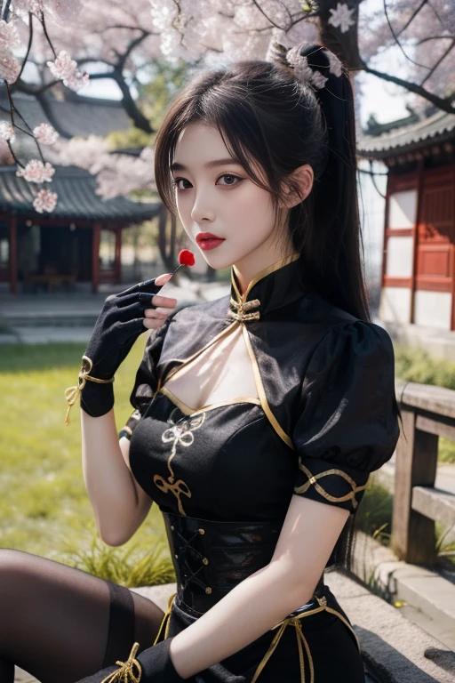 ltra-detailed,highly detailed,best quality,masterpiece,illustration,realistic,
ninghongye,longzhidao, solo, 1girl,
black hair, ponytail, long hair, hair ribbon, hair ornament,
chinese clothes, china dress,ribbon,puffy short sleeves, corset, tassel, clothing cutout, fingerless gloves, pantyhose,
looking at viewer, cowboy shot, sitting,
outdoors, nature,grass,cherry blossoms, falling petals, east asian architecture, courtyard,
<lora:ninghongye longzhidao_v1_07:0.7>