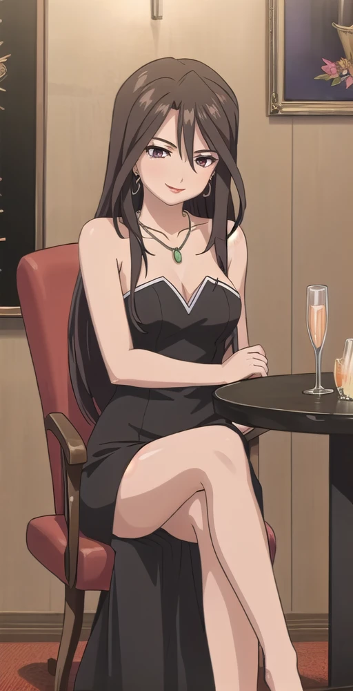 Sayoko, 1girl, solo, portrait, smile, lipstick, earrings, necklace, strapless slit dress, sitting, legs crossed, fancy restraint indoors, table, table cloth, sitting in chair, (drinking champaign glass), night,  perfect quality, good quality, masterpiece, HDR, UHD <lora:Sayoko:0.7>