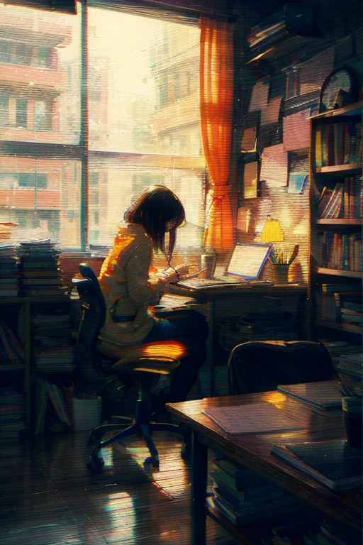 In a dim yellow light,a dark-haired woman was sitting at a desk,using her laptop. The table was covered with white paper and pens,and there was an orange cup beside it. There is a bookshelf beside the wall,which is filled with all kinds of books. Outside the window is rainy weather,raindrops are beating on the window,<lora:Color CRT TV:0.9>,