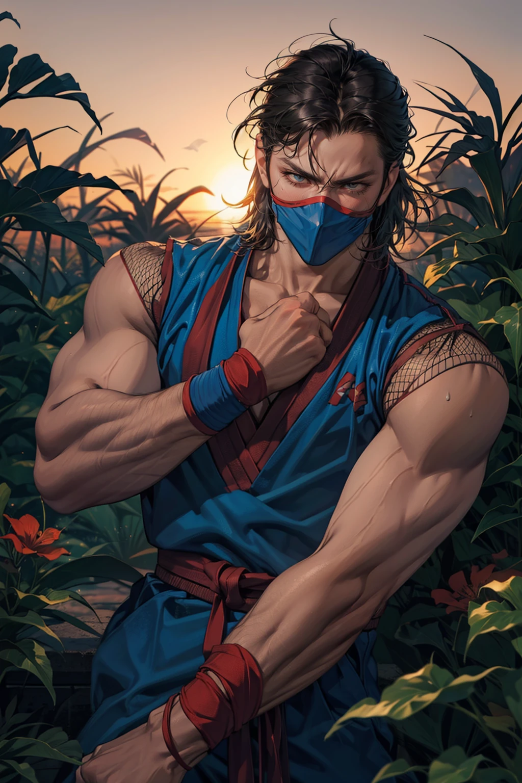 (masterpiece,  best quality:1.2),  solo,  man,  EijiKOF,  1guy,  blue dougi,  flowers,  garden,  outdoors,  face mask,  fishnet top,  bracelets,  red belt,  pants,  leg wraps,  sweaty skin,  seducing,  hands behind head,  bulge:1.5,  night,  smirk,  masterpiece,  perfect face,  perfect picture,  detailed eyes,  sharp focus, High detailed view, dark skin, High detailed , best quality,<lora:EMS-79-EMS:0.400000>,<lora:EMS-245206-EMS:0.940000>