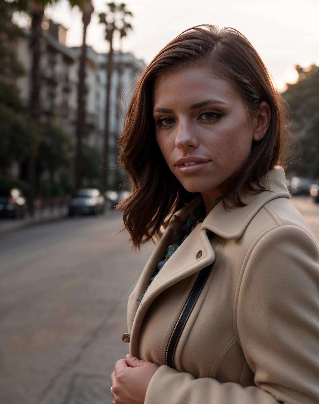cinematic film still close shot photo of <lora:quiron_AdrianaChechik_v1_Lora:0.77> AdrianaChechikQuiron woman wearing an expensive Wool-blend pea coat in a timeless and versatile camel color and black black floral print dress with colorfull flower pattern, hd, hdr, 2k, 4k, 8k, canon, kodak, . shallow depth of field, vignette, highly detailed, high budget Hollywood movie, bokeh, cinemascope, moody, epic, gorgeous, film grain, grainy