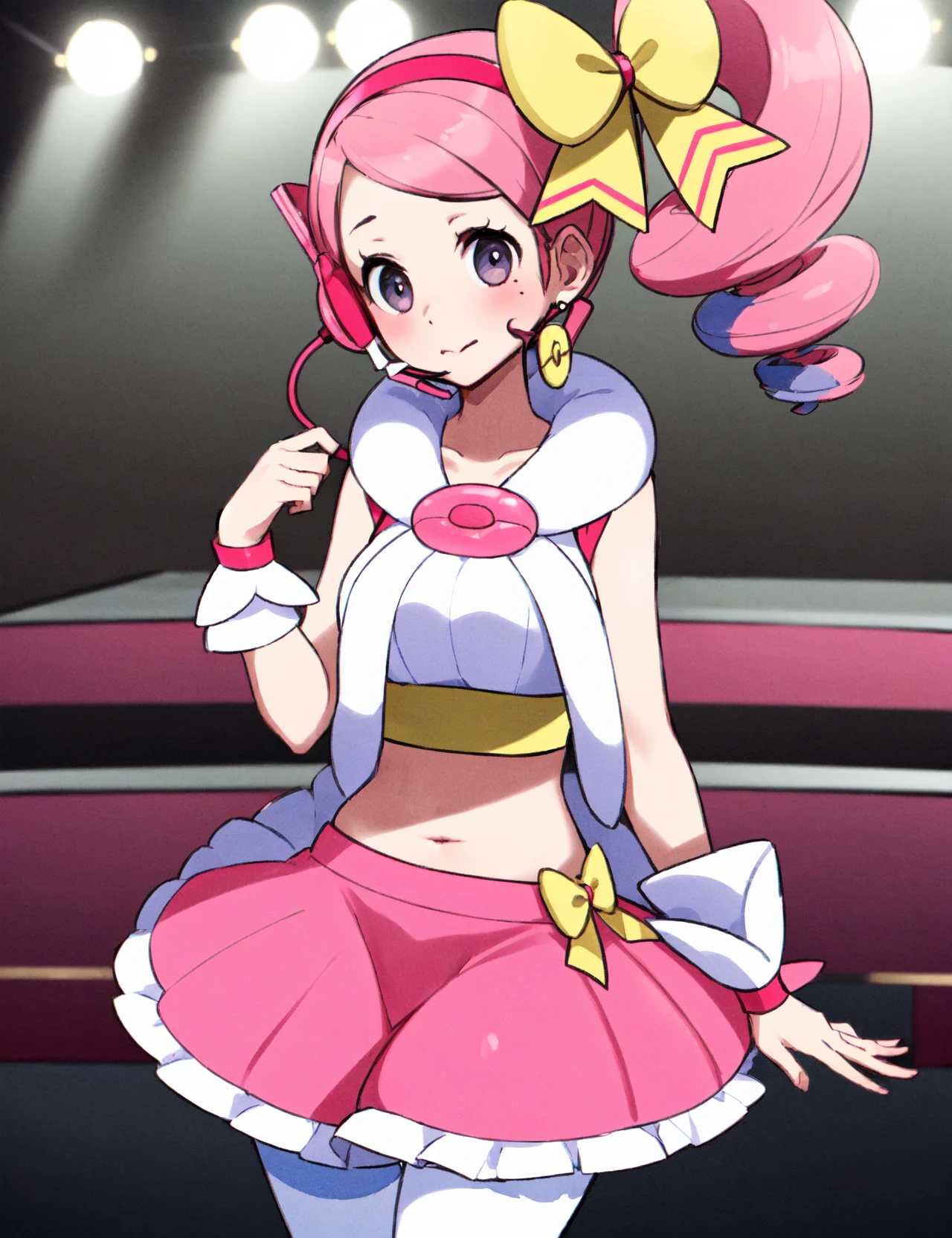 (masterpiece, best quality, hi res:1.2), 1girl, solo, on stage, stage curtains, <lora:Yancy Pokemon (pkyancy) (yancyidol)-9:0.7>, yancyidol, sleeveless,  pink skirt, breasts, ribbons, side drill, drill hair, yellow bow, headset, jewelery, navel, midriff, white pantyhose, hairband