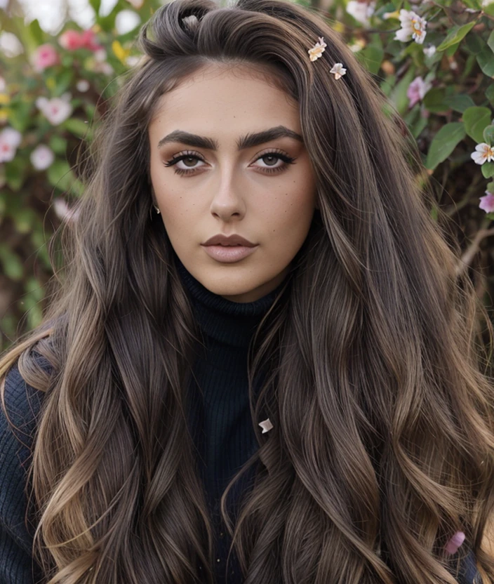<v3r0m>, nature, outdoor, Colorful flowering, upper body, Blond hair, Turtleneck, close portrait photo, long hair, looking at viewer, blue eyes, black hair, messy hair