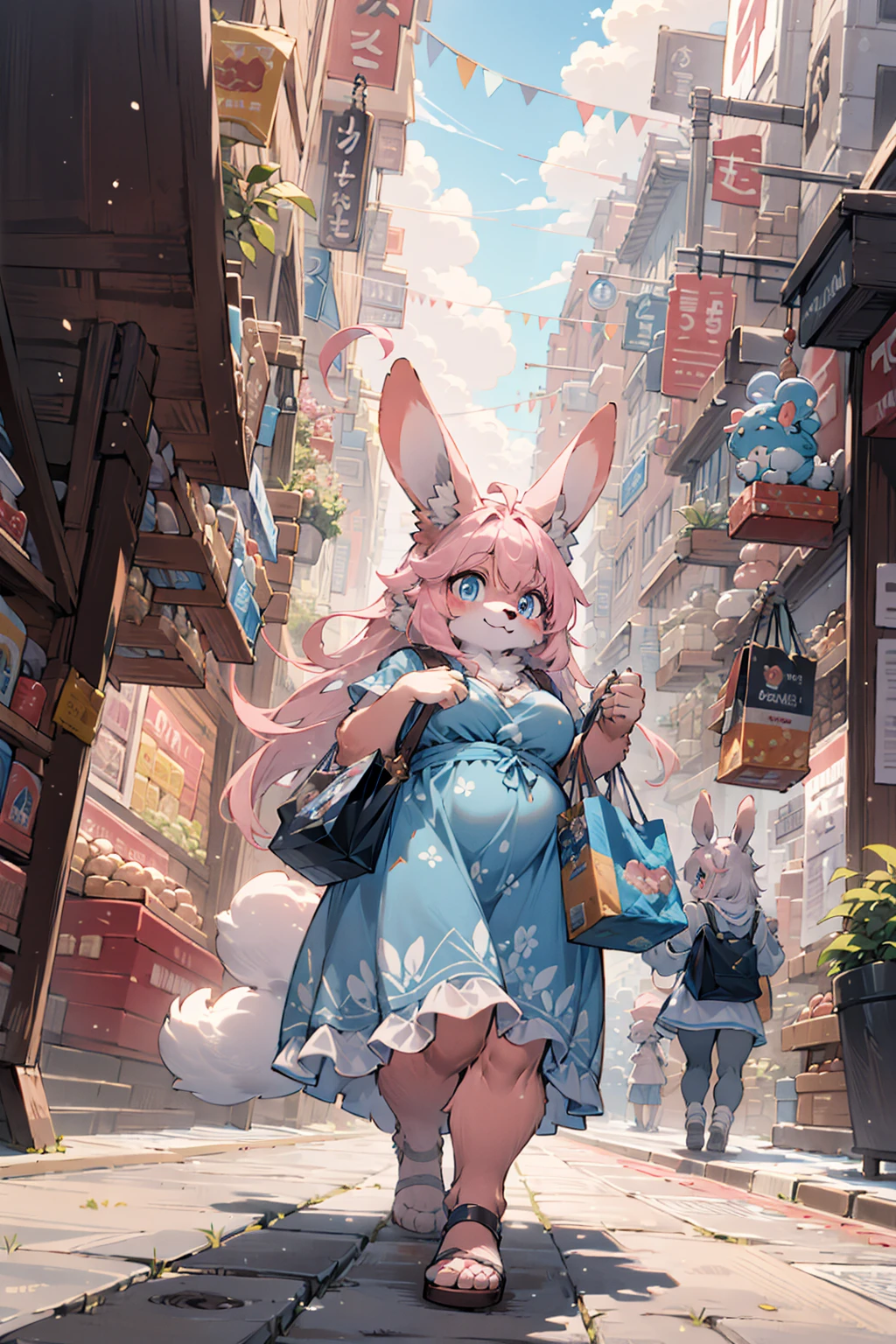 from below, wide Shot,best hands,best quality,(masterpiece,ultra detailed 8k art,illustration),Fluffy, (anthro, 1 girl,pink furry girl,rabbit ears),out door,(pink long hair),downtown,shopping, blue eyes,smile,(full body),flour pattern sky blue Casual dress BREAK
light blue sandals,Shopping bag,crossbody bag,Window shopping, standing at the store entrance,fantasy, (nordic,Chubby:1.2)