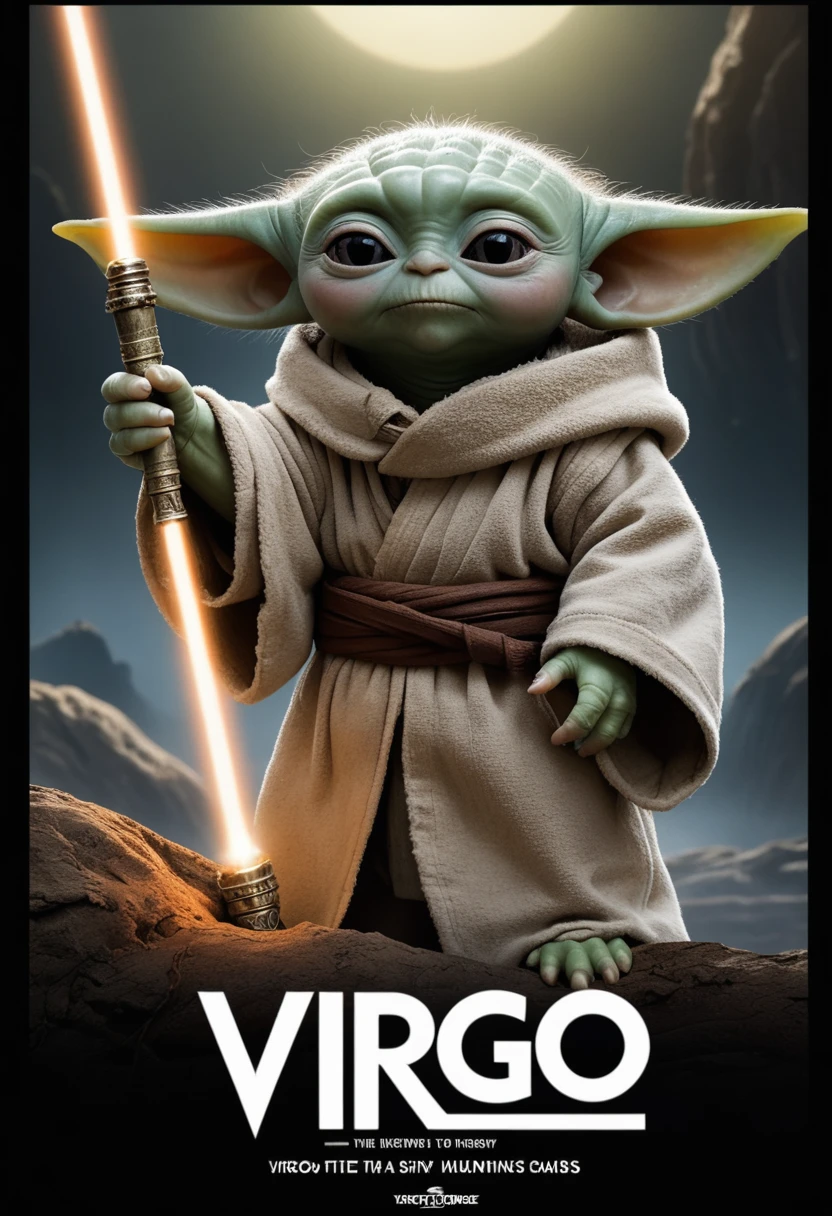 (movie poster with title and text graphics:1.3) (under the title banner text logo "V\I\R\G\O":1.5), Mummified baby yoda,