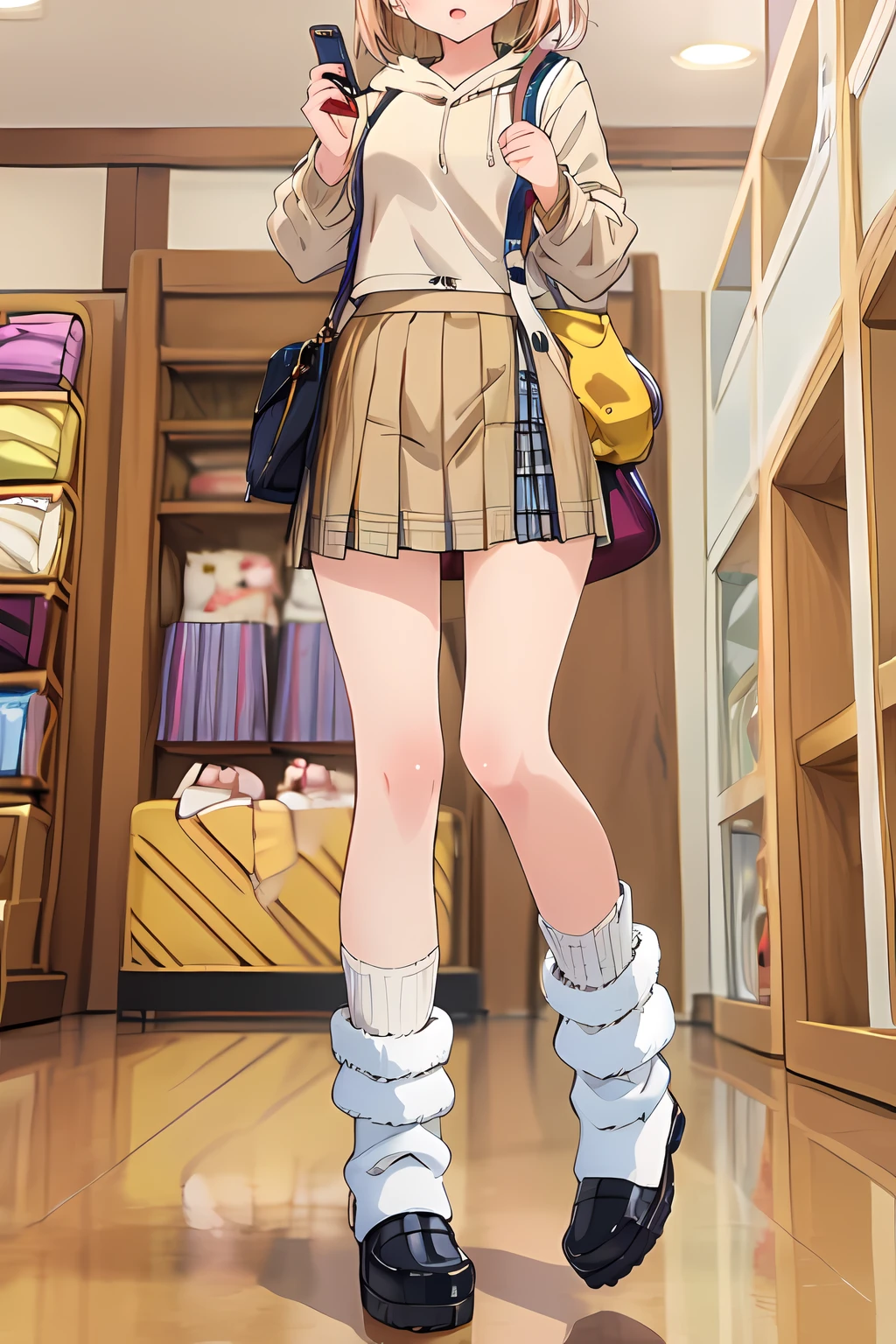 (best quality,  masterpiece),  shiny body,  shiny skin,  a girl taking a selfie holding her phone,  1girl,  cellphone,  skirt,  holding phone,  selfie,  v,  smartphone,  (loose socks,  snow boots by LGG),  Beige hoodie,  white short pleated skirt,  and a crossbody bag,  Standing in a clothing store,  from below,  (full-body shot:1.3), loose socks,<lora:EMS-12225-EMS:-0.400000>,<lora:EMS-247015-EMS:0.900000>,<lora:EMS-220087-EMS:0.600000>