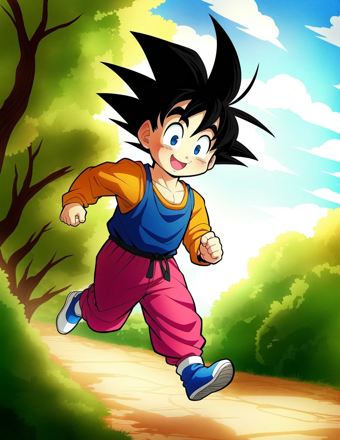 Comic style, illustration, line art style,best quality, masterpiece, highres, detailed, digital illustration, KidGoku,<lora:GotenV2:0.65>,gotenv2, 1boy, male focus, solo, spiked hair, black hair, dougi, black eyes, male child, full body, photo, smiling,happy, solo male child, outdoors,<lora:GoodHands-beta2:1>, jogging, orbitmix_v11