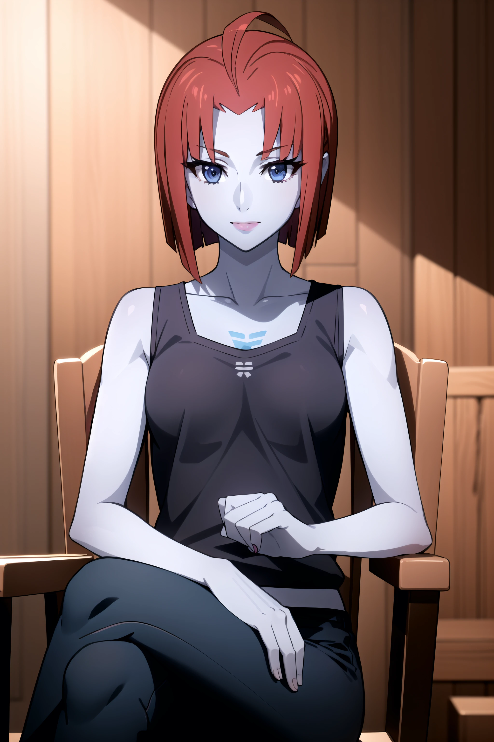 best quality, masterpiece, detailed,
<lora:SpaceBattleshipYamato2199_DeitzMelda:0.8>, DeitzMelda,
solo, closed mouth, light smile,
red hair, short hair, blue eyes, ahoge, blue skin, lipstick,
tank top, blue pants, collarbone, sleeveless,
sitting, crossed legs, looking at the viewer,
science fiction