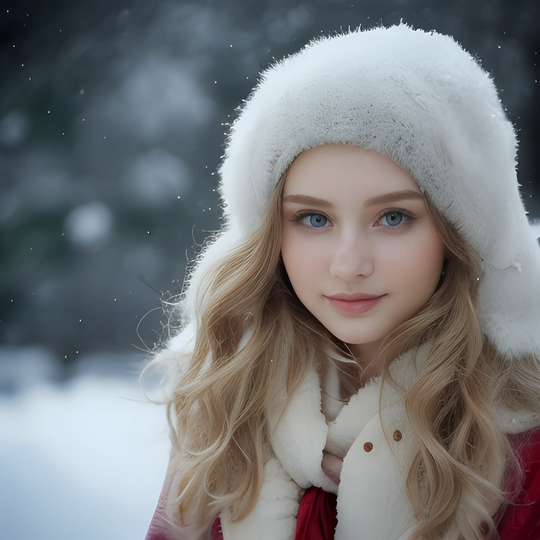 little blond Santa Clause girl , snow, winter, photo, portrait, long fur, cinematic, quality, realistic, (happy:1.3), standing