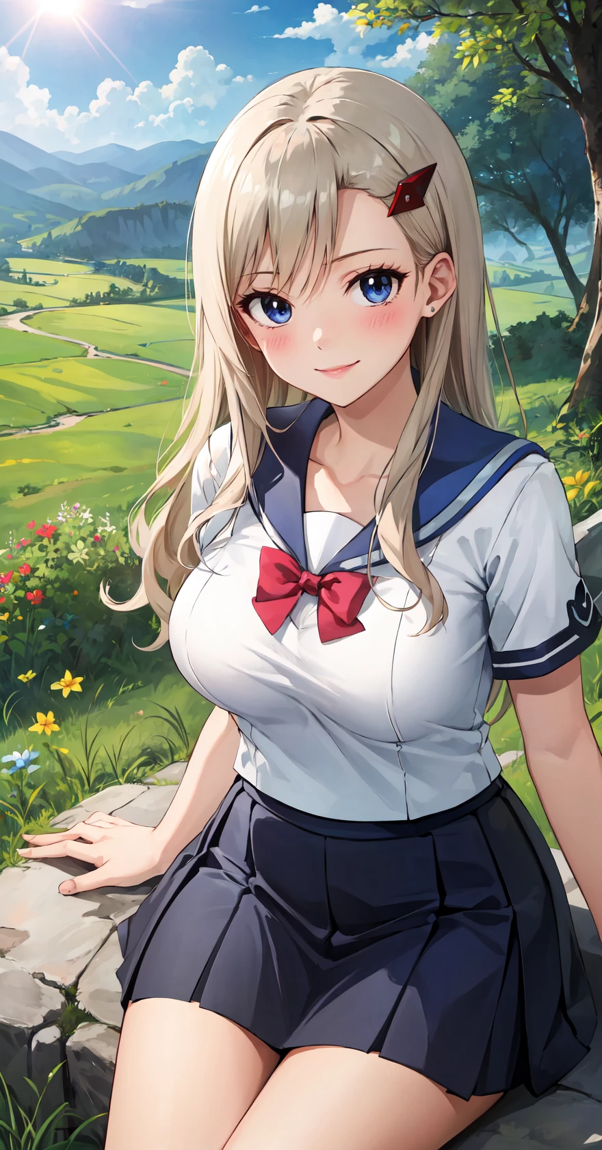 masterpiece, best quality, highres,
RebeccaDef, 1girl, solo, looking at viewer, sitting, blue eyes, blonde hair, blush, smile, large breasts, hair ornament, long hair, breasts,
school uniform, serafuku, seifuku, pleated skirt, bowtie,
<lora:LoRA_Rebecca:1>, blush, field, grass, forest, sunlight, cloudy, rebecca bluegarden,