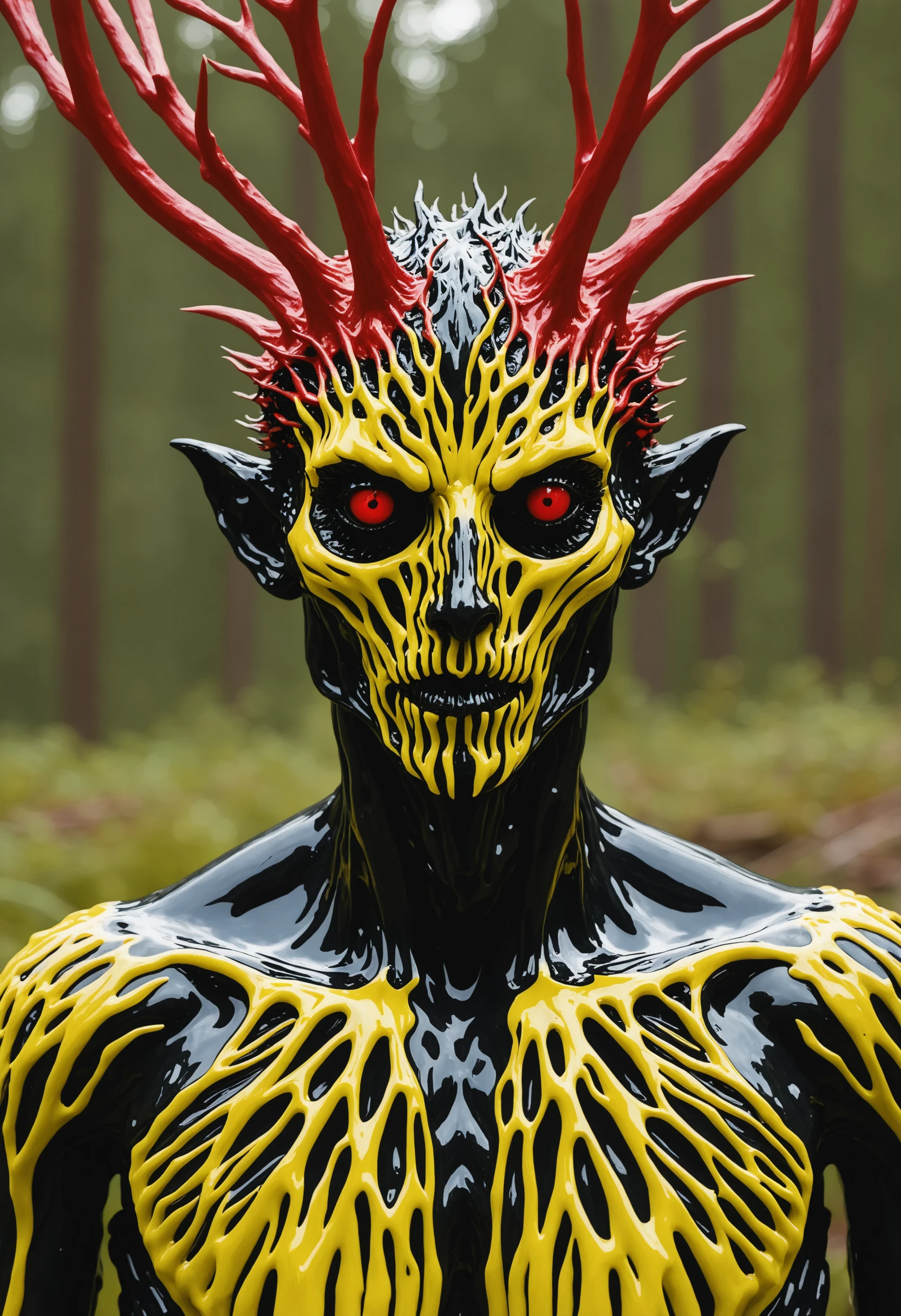 Wendigo, A close-up portrait of a character made out of ferrofluid. Red and yellow colors dominate the composition. Inspired by the work of Qiu Ying.