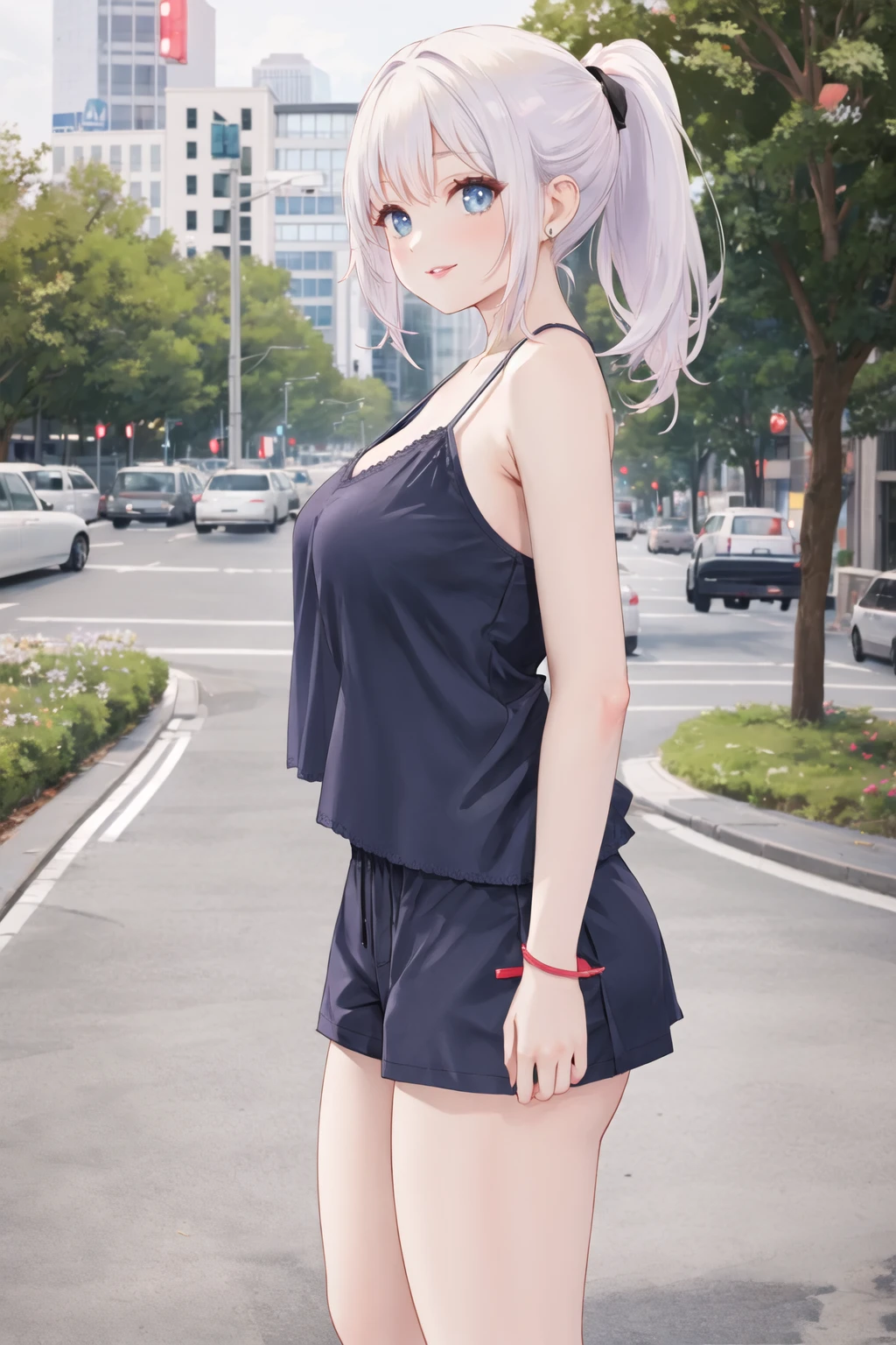 <lora:camipj-10:0.6>, camisole, shorts, from side, city, outdoors, smile lips, looking at viewer, large breasts, ponytail