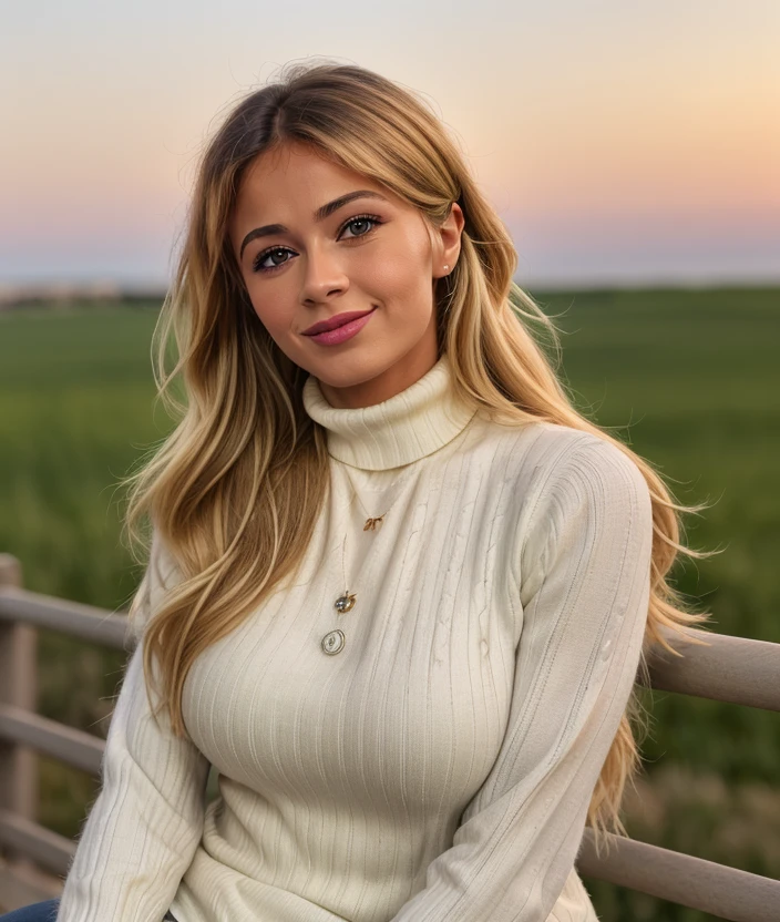 d1l3tt , photo of (d1l3tt) girl, RAW, nature, Turtleneck color, Spectacular light, Colorful flowering, 8k, soft lighting, high quality, film grain, Olympus sharp focus, f 5.6, (eye shadow), (eyeliner), ((detailed eyes)), (seductive pose), upper body, Sunset 