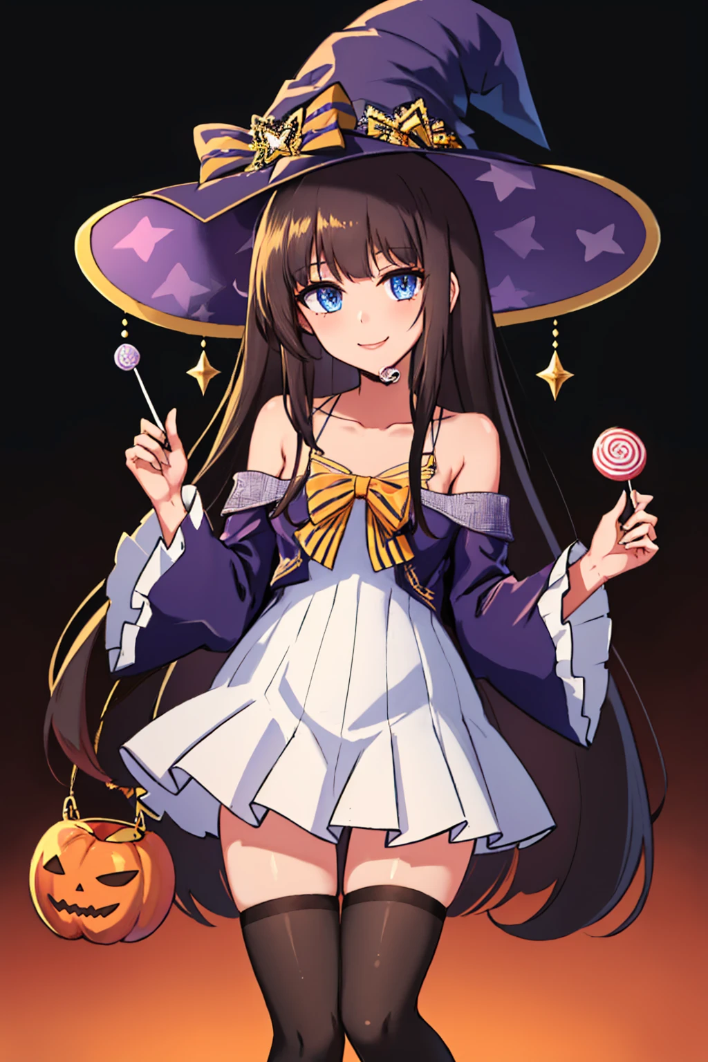 (masterpiece, best quality:1.2), halloween, solo, 1girl, longislandspook, smile, looking at viewer, holding lollipop, witch hat, dress, bow, detached sleeves, thighhighs, bare shoulders, collarbone <lora:azurlane_longisland-22:1>