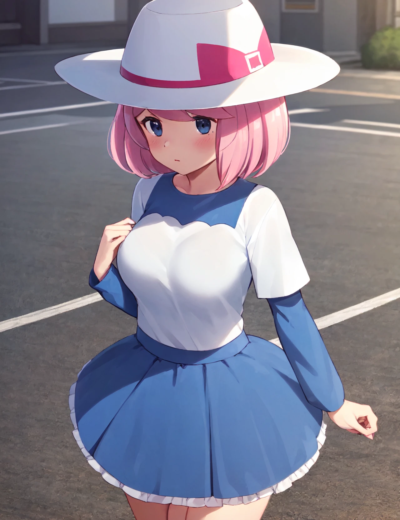 (masterpiece, best quality, hi res:1.2), 1girl, solo, <lora:Yancy Pokemon (pkyancy) (yancyidol)-9:0.7>, pkyancy, blue skirt, white shirt, hat, long sleeves, large breasts, short hair, bangs, street, short over long sleeves, blue sleeves, pink hair