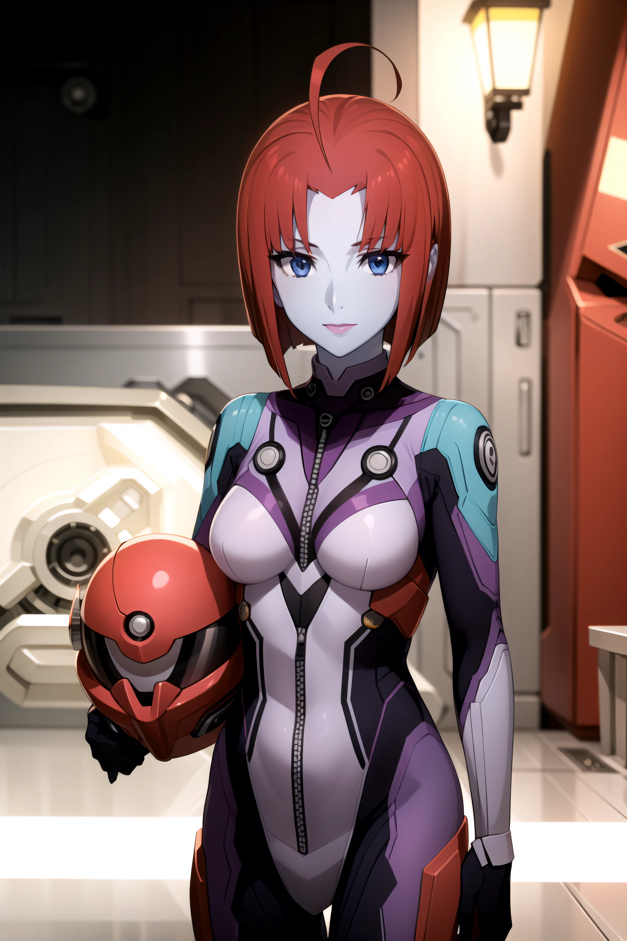 best quality, masterpiece, detailed,
<lora:SpaceBattleshipYamato2199_DeitzMelda:0.8>, DeitzMelda,
solo, closed mouth, light smile,
red hair, short hair, blue eyes, ahoge, blue skin, lipstick,
MeldaPilotSuit, pilot suit, purple bodysuit, (holding helmet:1.2),
standing, looking at the viewer,
science fiction, cockpit