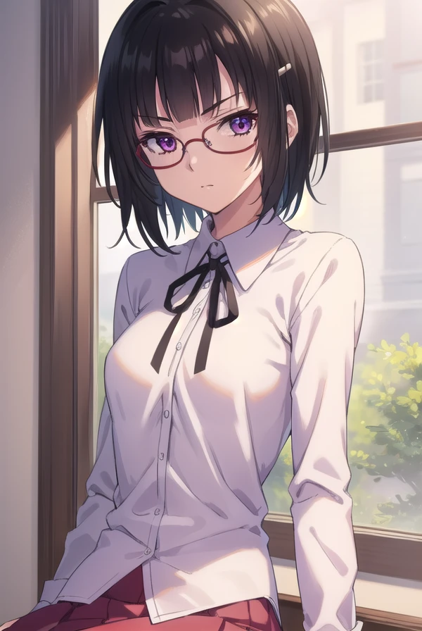 sounasitri, <lora:souna sitri anime s1-lora-nochekaiser:1>,
souna sitri, short hair, black hair, hair ornament, glasses, hairclip, bangs, blunt bangs, (purple eyes:1.1),
BREAK shirt, ribbon, school uniform, white shirt, black ribbon, neck ribbon, capelet, black capelet, long sleeves, skirt, red skirt,
BREAK indoors, classroom,
BREAK looking at viewer, (cowboy shot:1.5),
BREAK <lyco:GoodHands-beta2:1>, (masterpiece:1.2), best quality, high resolution, unity 8k wallpaper, (illustration:0.8), (beautiful detailed eyes:1.6), extremely detailed face, perfect lighting, extremely detailed CG, (perfect hands, perfect anatomy),