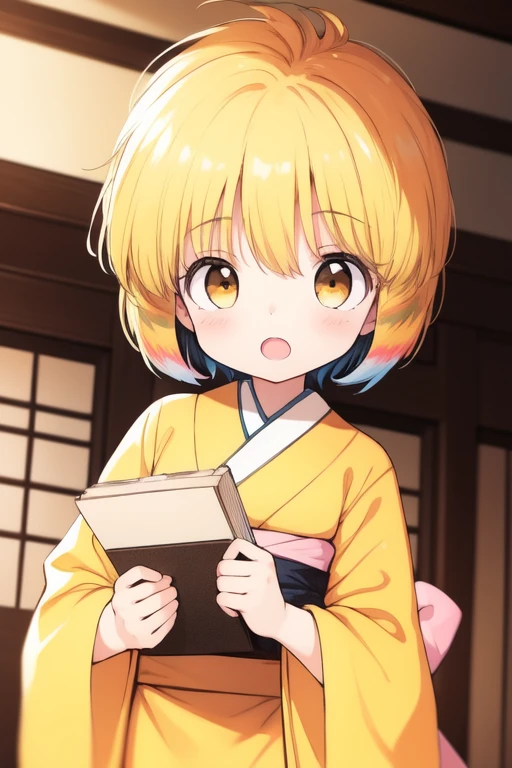 <lora:nyannyan:0.8> nyannyan, 1girl, solo, blonde hair, japanese clothes, Yellow_kimono, Yellow_obi, open mouth, brown eyes, short hair, multicolored hair, blush, child, cowboy Shot,
Japanese style room,
masterpiece, high quality, very_high_resolution, large_filesize, full color,