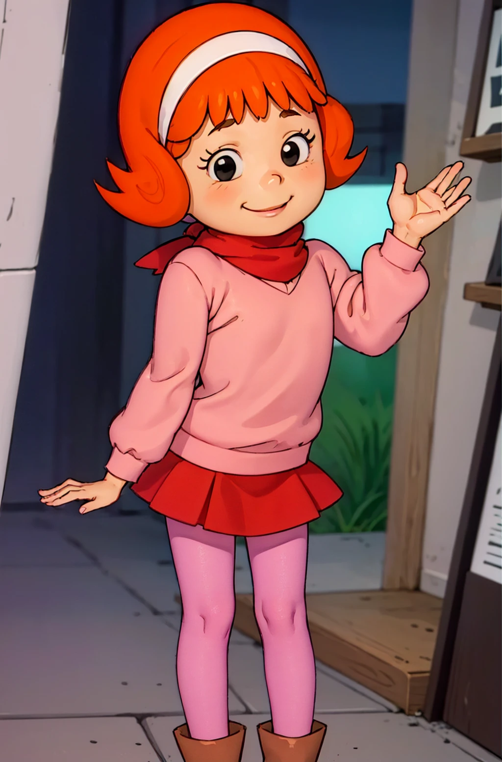 daphne, 1girl, solo, pink sweater, orange hair, short hair, hairband, scarf, skirt,black eyes, red skirt, pantyhose, pink pantyhose, boots, looking at viewer,smile,female child,   <lora:daphne(APUP):0.6>