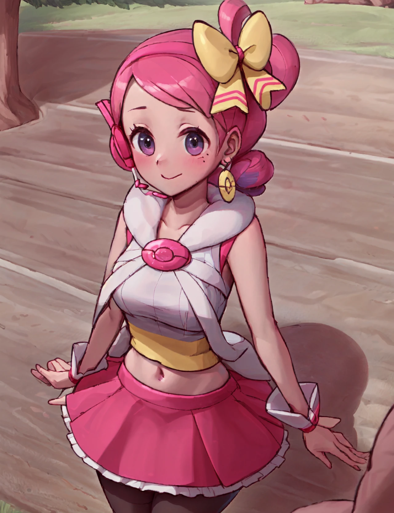 (masterpiece, best quality, hi res:1.2), outdoors, <lora:Yancy Pokemon (pkyancy) (yancyidol)-9:0.7>, 1girl, yancyidol, sleeveless,  pink skirt, breasts, ribbons, yellow bow, headset, jewelery, midriff, pantyhose, hairband, , wjs07, <lora:wjs07:1>