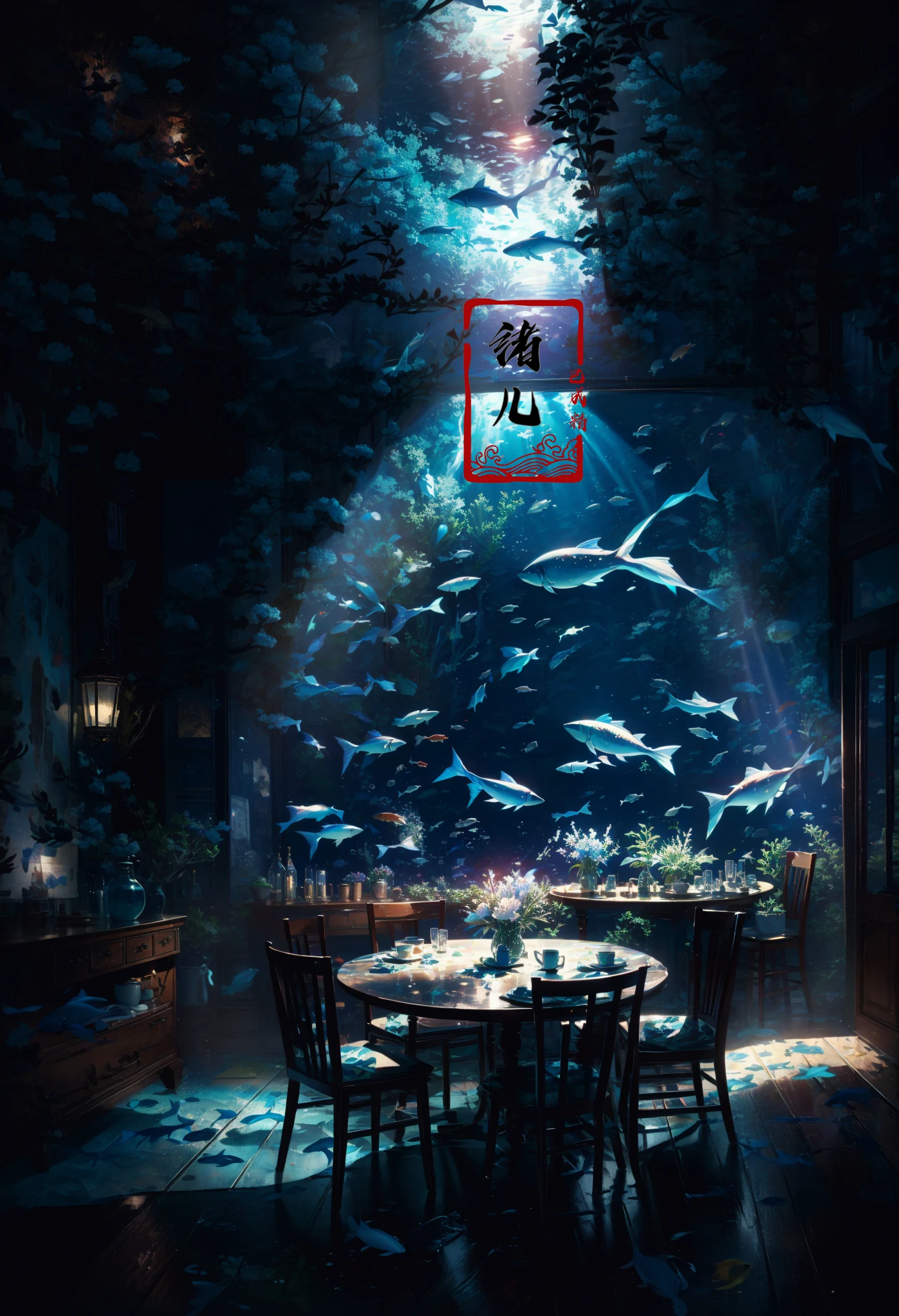 1girl, fish, chair, table, solo, sitting, black hair, scenery, lantern, teapot, flower, cup, teacup, long hair, floral print, from behind, indoors, lamp, dark, underwater
<lora:~Q?-mw^NuL Underwater world:0.8>