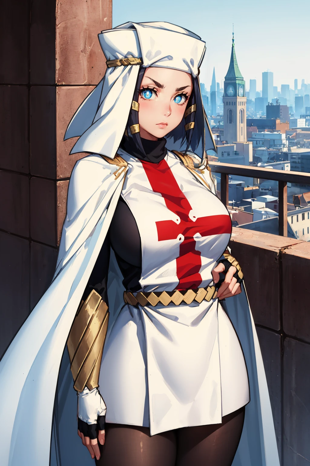 masterpiece, best quality,  <lora:ffarrow-nvwls-v1-000009:0.9> ffarrow, white headwear, red and white dress, tabard, black sleeves, black pantyhose, fingerless gloves, vambraces, large breasts, upper body, furrowed brow, standing, cityscape, white cape, looking at viewer, symbol-shaped pupils