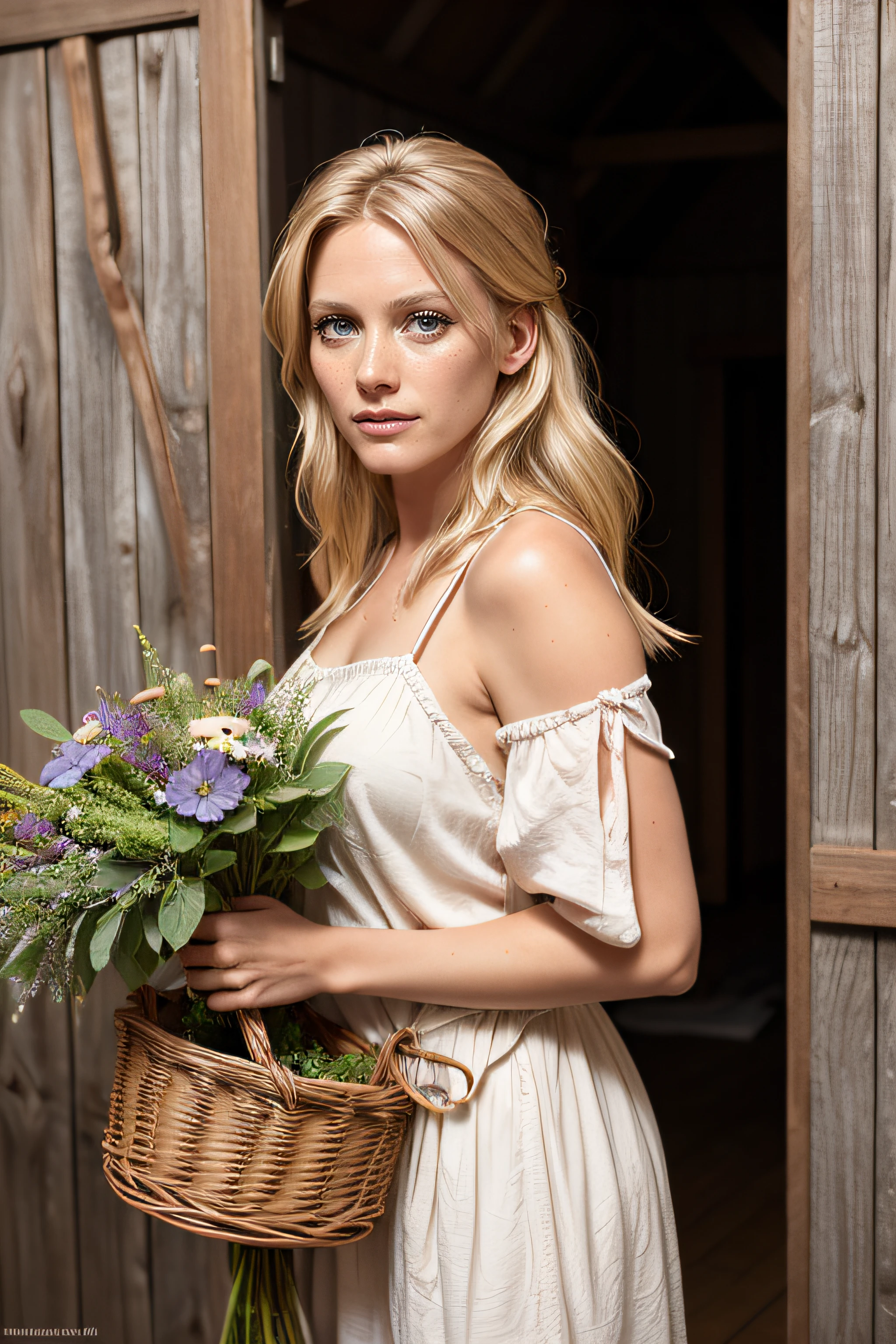 <lora:Laura_Birn_512_v1:0.75> laura_birn_v1, laura_birn, finnish woman, Leaning against a rustic barn door, she holds a basket of freshly picked flowers, radiating rustic charm, , <lora:zoom_slider_v1:-3>, (photorealistic:1.4),4K, RAW, best quality, (masterpiece), (ultra-detailed), (hyperrealism:1.2), extremely detailed eyes, (extremely detailed face), looking at camera, (photorealistic), (hyperdetailed:1.2), insane details,