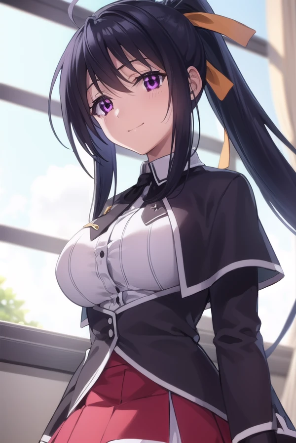 akenohimejima, <lora:akeno himejima anime s1-lora-nochekaiser:1>,
akeno himejima, long hair, black hair, ribbon, very long hair, (purple eyes:1.1), hair ribbon, ponytail, antenna hair, smile,
BREAK skirt, school uniform, shirt, white shirt, capelet, black capelet, long sleeves, red skirt,
BREAK indoors, classroom,
BREAK looking at viewer, (cowboy shot:1.5),
BREAK <lyco:GoodHands-beta2:1>, (masterpiece:1.2), best quality, high resolution, unity 8k wallpaper, (illustration:0.8), (beautiful detailed eyes:1.6), extremely detailed face, perfect lighting, extremely detailed CG, (perfect hands, perfect anatomy),