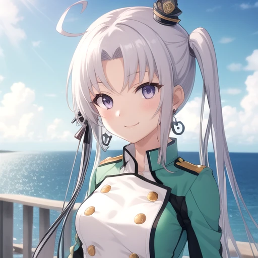 ((masterpiece)),(best quality),official art,extremely detailed CG,unity 8k wallpaper,ultra detailed,A lighthouse on a cliff by the sea,1girl,solo,upper body,(portrait:1.2),side_ponytail,miniskirt,white_shirt,military_uniform,light_green_uniform,light_green_skirt,long_hair,thighhighs,zettai_ryouiki,purple_eyes,jewelry,ahoge,bridal_garter,earrings,mini_hat,hair_ornament,buttons,double-breasted,anchor,white_gloves,grey_hair,smile,<lora:Akitsushima(kan)>,