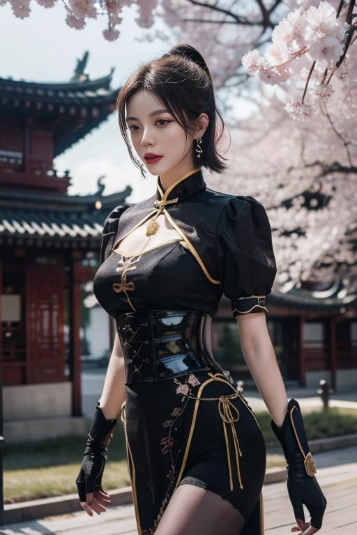 ltra-detailed,highly detailed,best quality,masterpiece,illustration,realistic,
ninghongye,longzhidao, solo, 1girl,
chinese clothes, china dress,ribbon,puffy short sleeves, corset, tassel, clothing cutout, fingerless gloves, pantyhose,
looking at viewer, cowboy shot, walking,
short hair,
outdoors, nature,grass,cherry blossoms, falling petals, east asian architecture, courtyard,
<lora:ninghongye longzhidao_v1_07:0.7>