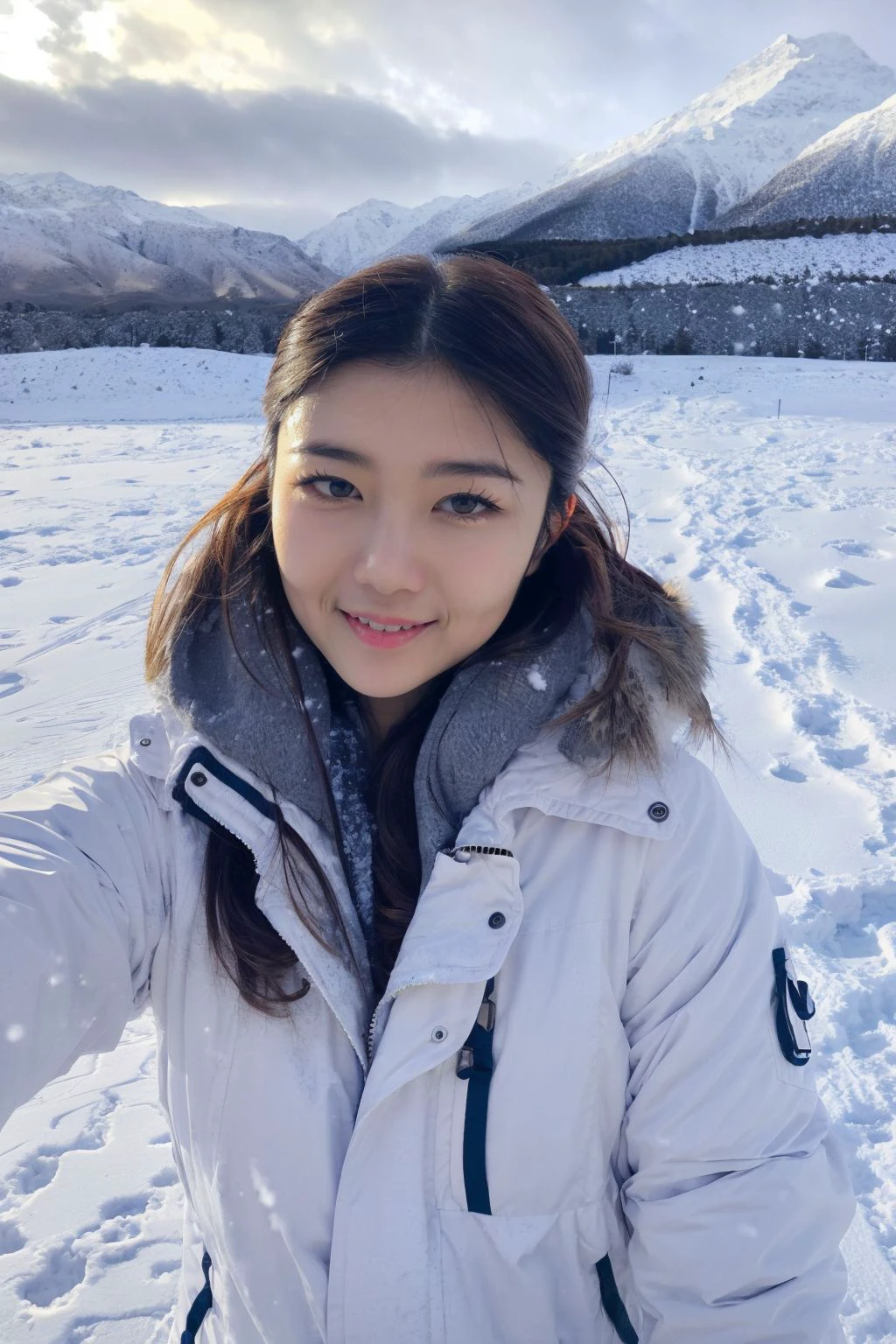 belinda, happy face, selfie, snow, snowy mountain, messy hair blown by wind,
 <lora:Celeb_BelindaChristina:0.8>, , masterpiece, (best quality:1.2), [:intricate details:0.2],