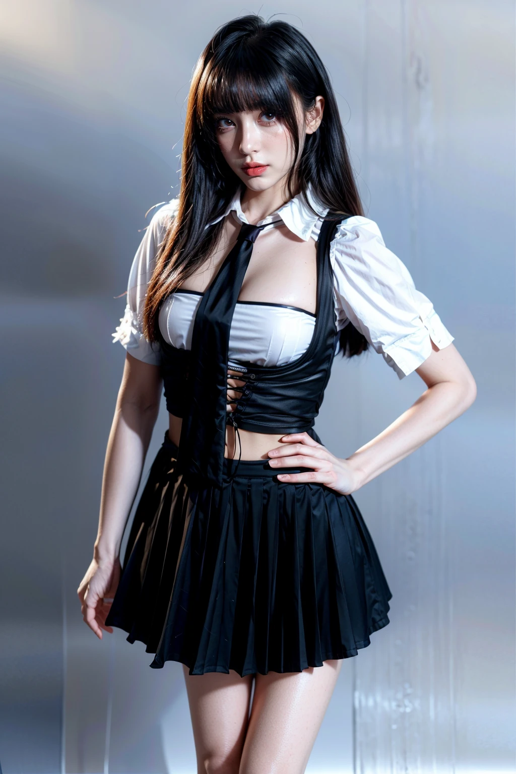 realistic,(best quality:1.3, high quality:1.3),8K Ultra HD,(ultra detailed, hyper detailed),surdres:1.2,masterpiece,(makeup:0.7, sexy, best body),1girl,solo,small head,full body,long hair,<lora:add_detail:1>,exposed waist,black necktie,black skirt,cleavage,<lora:combat uniform_20231220215731:1>,huge filesize,