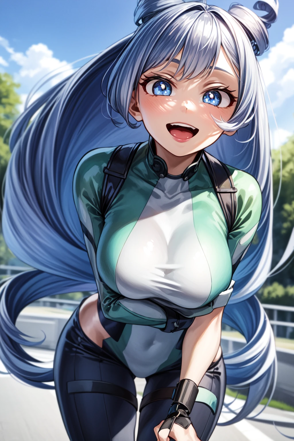 (best quality:1.2), 1girl, (masterpiece:1.2), raytracing, cute face, perfect face, ultra detailed,detailed face, 8k wallpaper,(wide hips:1.2), <lora:more_details:0.5>, absurd res,  HadouNejire_NDV, 1girl, blue eyes, blue hair, large breasts, long hair, hair horns, twin drills, drill hair,  <lora:HadouNejire_NDV:0.7>, outdoor, smile, open mouth, bodysuiit, running