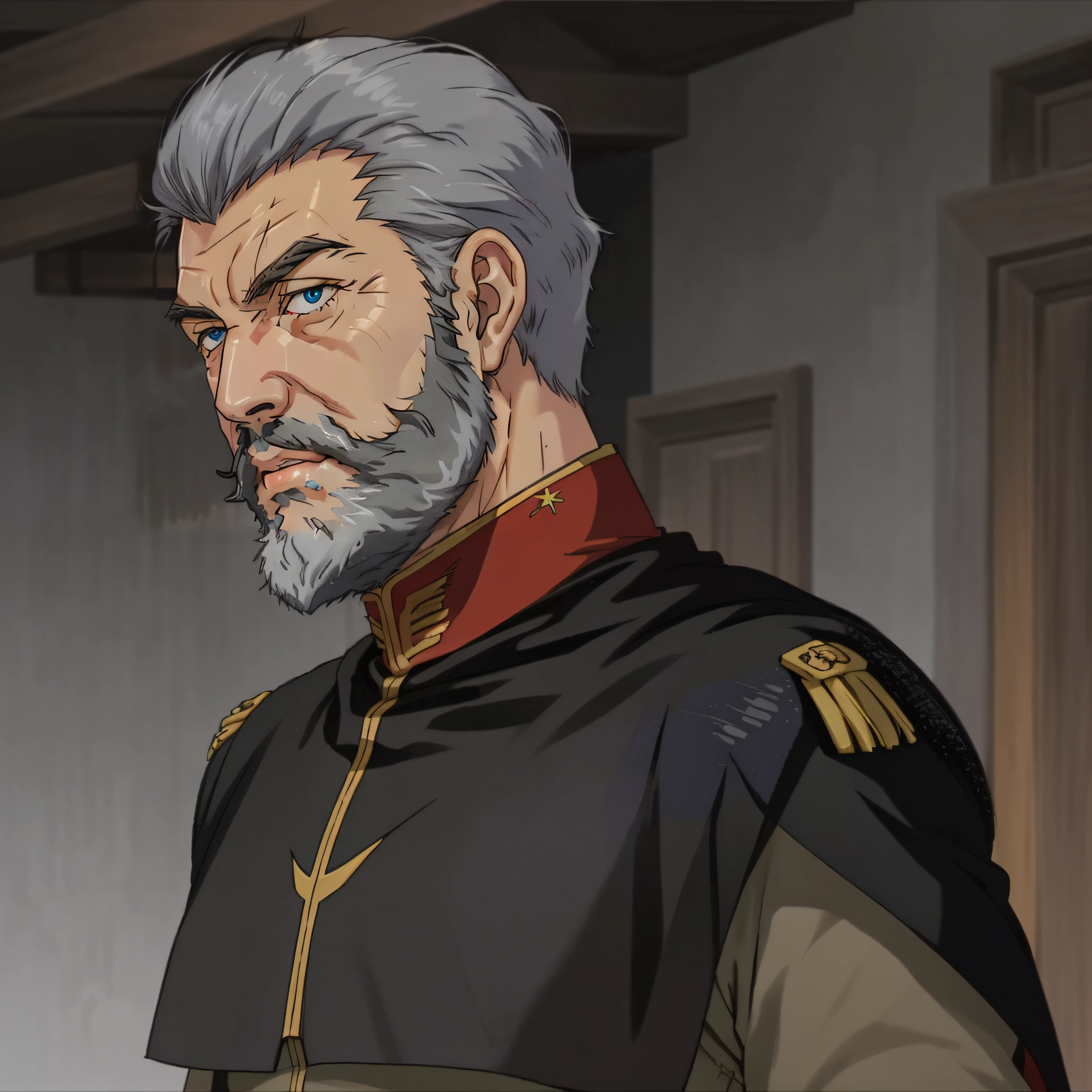 photorealistic, cinematic, <lora:zeon officer:0.8>, zeon officer, uniform, old man, ((thick gray beard)), short black cape, blue eyes, walking, close up