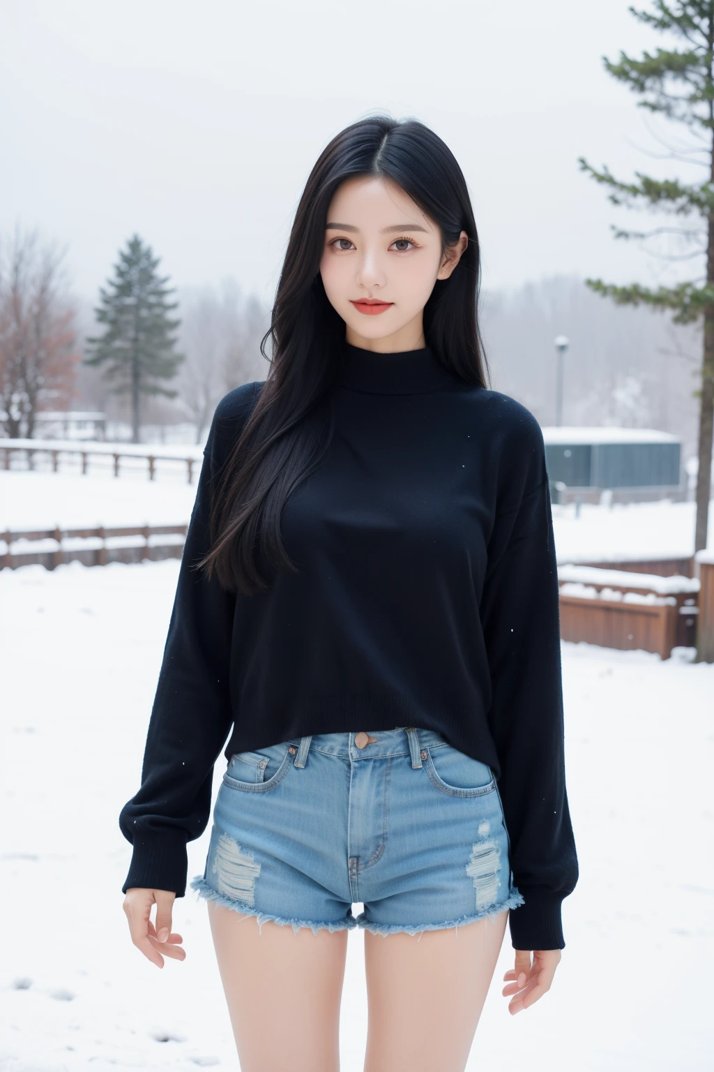 In the cold winter,a beautiful girl stands gracefully in a black sweater and denim shorts. She has black hair and vibrant purple eyes. Snowflakes fall gently on her hair and clothes as she stands elegantly in the snowy landscape. The background is adorned with red flowers,creating a striking contrast with the white snow. With her long legs and captivating curves,she adds a touch of beauty to the entire scene.,