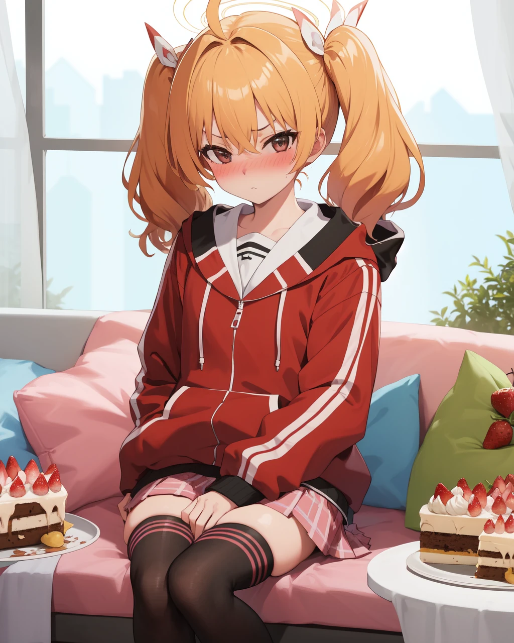 1girl,solo,long hair,looking at viewer,blush,bangs,skirt,blonde hair,thighhighs,long sleeves,ribbon,hair between eyes,twintails,sitting,closed mouth,jacket,hair ribbon,ahoge,pleated skirt,food,black thighhighs,hood,miniskirt,fruit,feet out of frame,nose blush,halo,hooded jacket,red jacket,between legs,pink skirt,cake,hand between legs,ice cream,strawberry,doughnut,cherry,macaron,dessert , yoshimi (blue archive), 8K, masterpiece, beautiful