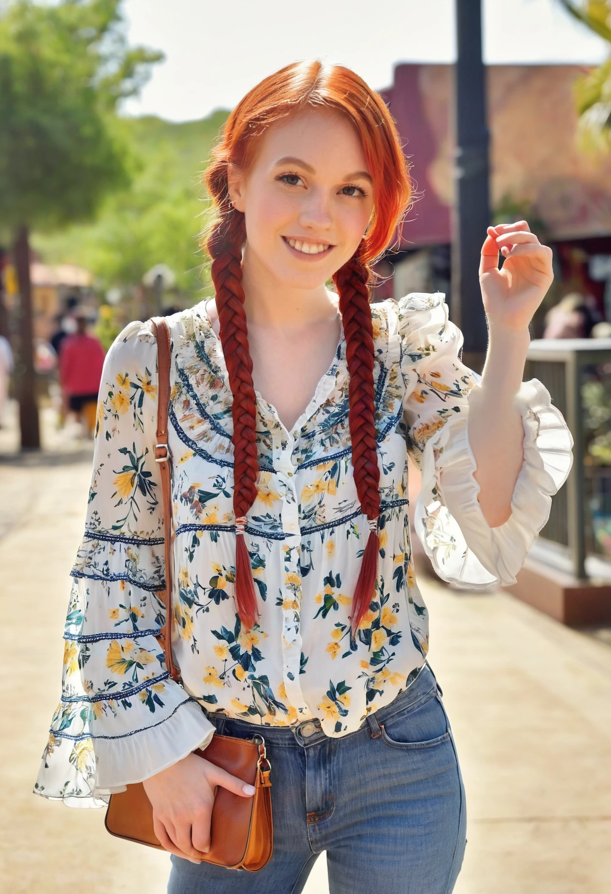 candid photo, of a ohwx woman, braided red hair, 3/4 body photo, Urban Outfitters flowy ruffle-trim blouse in a pink and white floral print with puff sleeves,	Dark wash skinny jeans ripped at the knees,	stacked beaded bracelets, small woven tote bag, (smirk:0.3), intricate details, bokeh, shot on a Nikon Z6	Nikon Z 85mm f/1.8 S	F/2.8, 1/125s, ISO 100
<lora:DollyLittle_SDXL_v1.2a:1.1>