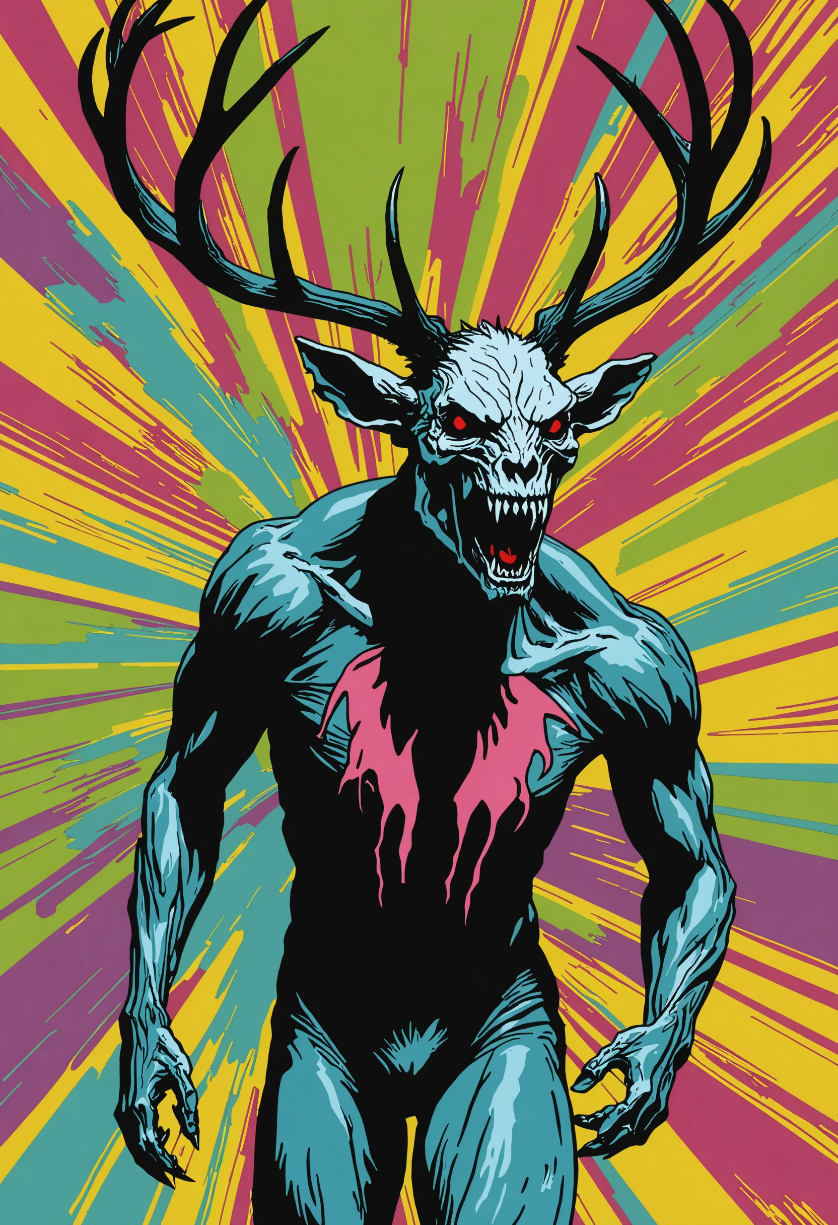 Wendigo, Action shot, high speed, dynamic composition, in the style of Andy Warhol's pop art