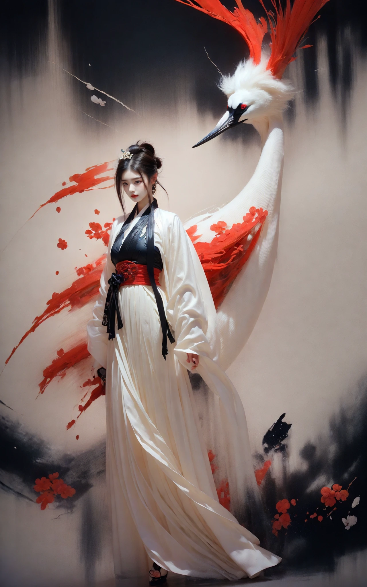 Ink painting, ink painting, splash-ink, ink splash, calligraphy, Chinese characters, Chinese character background
(Red crowned crane:1.2)1girlWhite hair, Hanfu,(full body:1.0),
A shot with tension(sky glows red,Visual impact,giving the poster a dynamic and visually striking appearance:1.2),Chinese Zen style,impactful picture,
<lora:~Q?-d Red crowned crane:0.8> <lora:~Q?-m@8 pretty:0.7>