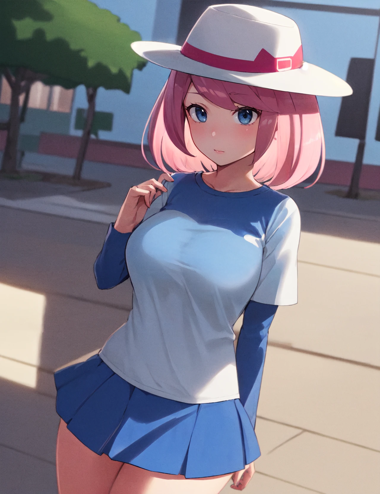 (masterpiece, best quality, hi res:1.2), 1girl, solo, <lora:Yancy Pokemon (pkyancy) (yancyidol)-9:0.7>, pkyancy, blue skirt, white shirt, hat, long sleeves, large breasts, short hair, bangs, street, short over long sleeves, blue sleeves, pink hair