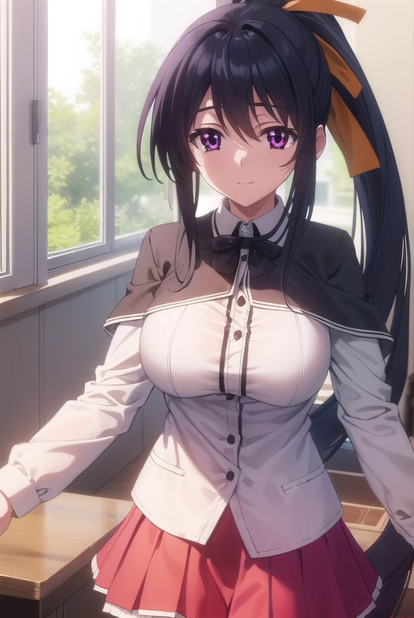 akenohimejima, <lora:akeno himejima anime s1-lora-nochekaiser:1>,
akeno himejima, long hair, black hair, ribbon, very long hair, (purple eyes:1.1), hair ribbon, ponytail, antenna hair, smile,
BREAK skirt, school uniform, shirt, white shirt, capelet, black capelet, long sleeves, red skirt,
BREAK indoors, classroom,
BREAK looking at viewer, (cowboy shot:1.5),
BREAK <lyco:GoodHands-beta2:1>, (masterpiece:1.2), best quality, high resolution, unity 8k wallpaper, (illustration:0.8), (beautiful detailed eyes:1.6), extremely detailed face, perfect lighting, extremely detailed CG, (perfect hands, perfect anatomy),