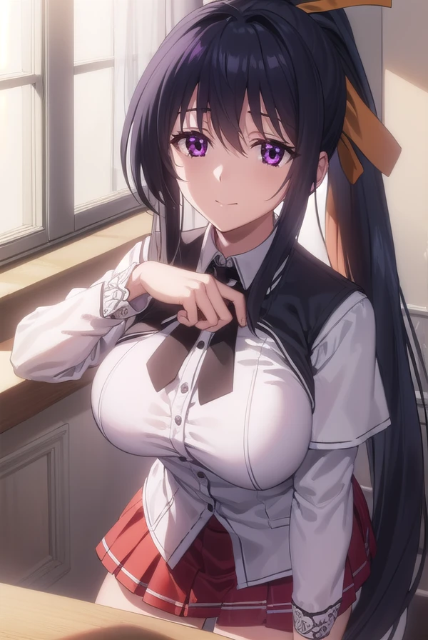 akenohimejima, <lora:akeno himejima anime s1-lora-nochekaiser:1>,
akeno himejima, long hair, black hair, ribbon, very long hair, (purple eyes:1.1), hair ribbon, ponytail, antenna hair, smile,
BREAK skirt, school uniform, shirt, white shirt, capelet, black capelet, long sleeves, red skirt,
BREAK indoors, classroom,
BREAK looking at viewer, (cowboy shot:1.5),
BREAK <lyco:GoodHands-beta2:1>, (masterpiece:1.2), best quality, high resolution, unity 8k wallpaper, (illustration:0.8), (beautiful detailed eyes:1.6), extremely detailed face, perfect lighting, extremely detailed CG, (perfect hands, perfect anatomy),