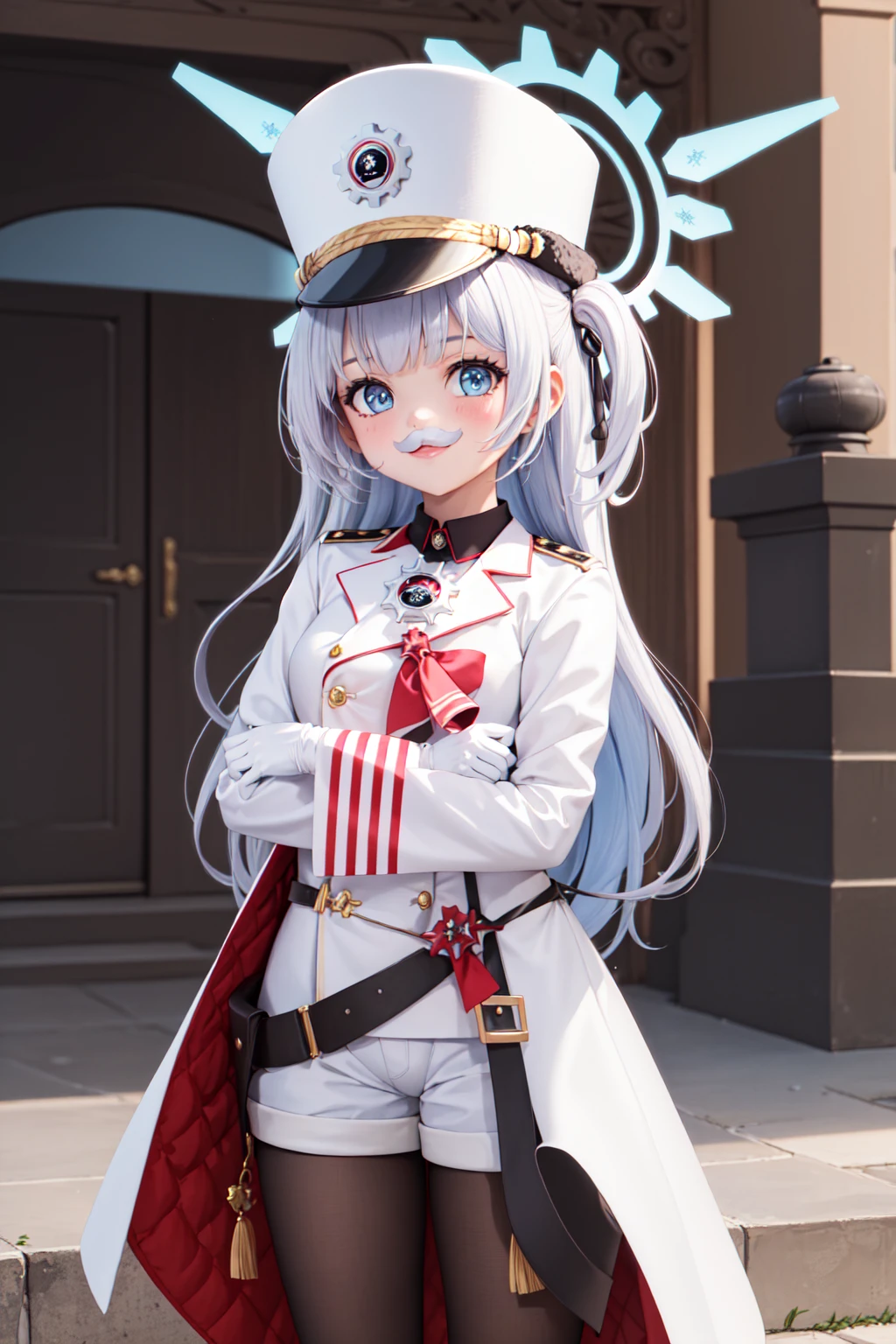 (masterpiece:1.3), (absurdres:1.3), (best quality:1.3), (ultra-detailed:1.3), 1girl, looking at viewer, upper body, smile, outdoors, <lora:cherino-fi-000009:1>, cherino-fi, halo, shako cap, white jacket, white coat, uniform, white gloves, white shorts, black pantyhose, white mustache,